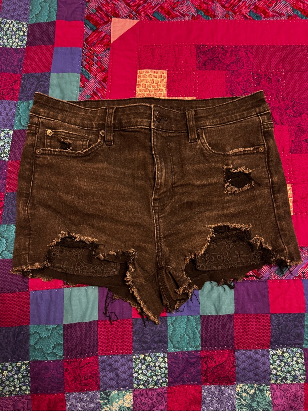 American Eagle Outfitters Black High-Rise Distressed Shorts with Lace Insets